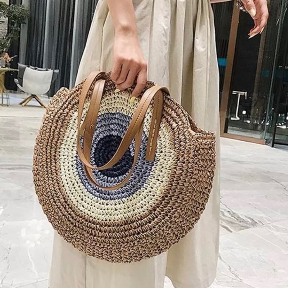 ❤️❤️❤️❤️Tan Basket Straw Top Handle Bag Beach Vacation Shoulder Tote Purse NEW - Picture 4 of 12
